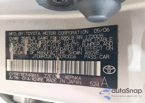 2006 Toyota Corolla Le z USA, uszkodzony, nr VIN JTDBR32E760090006